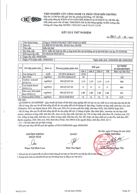 Quý 2/2026 Kết quả quan trắc môi trường lô 86B